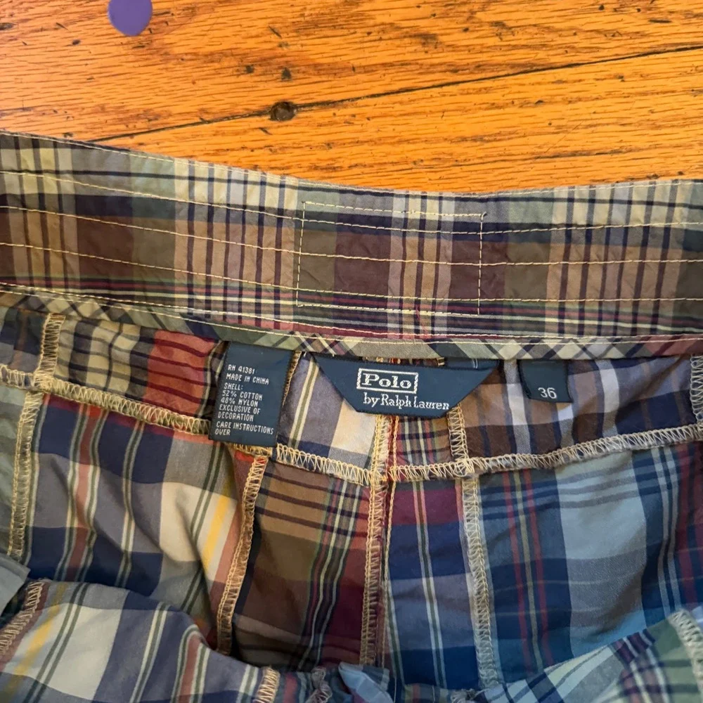 Polo Ralph Lauren Mens Patchwork Madras Plaid Swim Trunks Board Shorts Size 36